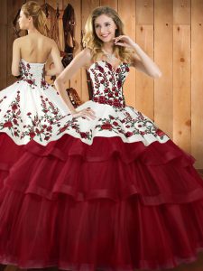 Modern Wine Red Ball Gowns Sweetheart Sleeveless Organza Sweep Train Lace Up Embroidery Quinceanera Gowns