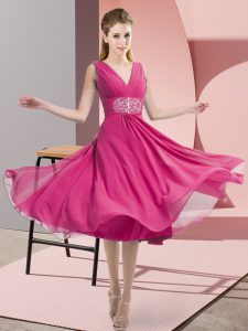 Knee Length Side Zipper Court Dresses for Sweet 16 Hot Pink for Prom and Party and Wedding Party with Beading