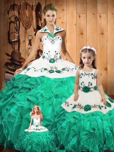 Green 15 Quinceanera Dress Military Ball and Sweet 16 and Quinceanera with Embroidery and Ruffles Halter Top Sleeveless Lace Up