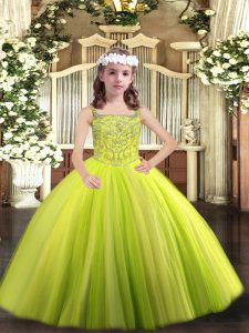Dramatic Yellow Green Ball Gowns Straps Sleeveless Tulle Floor Length Lace Up Beading Pageant Dress Toddler