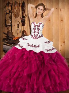 Designer Sleeveless Floor Length Embroidery and Ruffles Lace Up Quinceanera Dress with Fuchsia