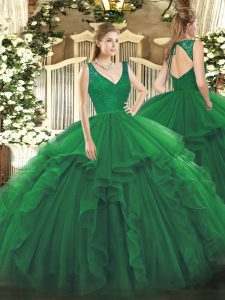 Fine Ball Gowns 15th Birthday Dress Dark Green V-neck Organza Sleeveless Floor Length Backless