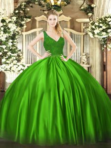 Traditional Sleeveless Satin Floor Length Backless Sweet 16 Dresses in Green with Beading and Lace