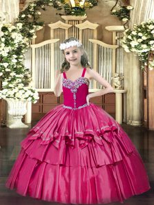 Hot Pink Lace Up Kids Formal Wear Beading and Ruffled Layers Sleeveless Floor Length