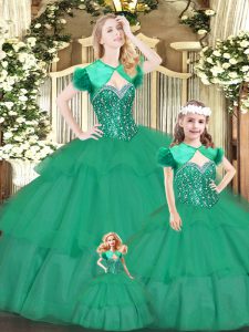 Green Ball Gowns Organza Sweetheart Sleeveless Beading and Ruffled Layers Floor Length Lace Up Sweet 16 Quinceanera Dress