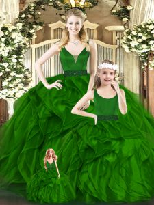 Green Zipper Quinceanera Gowns Beading and Ruffles Sleeveless Floor Length