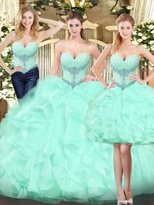 Apple Green Organza Lace Up Sweet 16 Quinceanera Dress Sleeveless Floor Length Ruffles