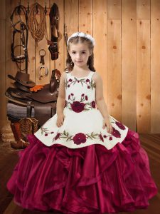 Floor Length Ball Gowns Sleeveless Red Little Girls Pageant Gowns Lace Up