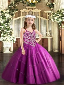 Discount Fuchsia Tulle Lace Up Pageant Gowns For Girls Sleeveless Floor Length Beading and Appliques