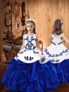 Low Price Royal Blue Ball Gowns Organza Straps Sleeveless Embroidery and Ruffles Floor Length Lace Up Little Girls Pageant Dress Wholesale