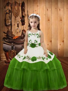 Custom Fit Floor Length Lace Up Girls Pageant Dresses Olive Green for Sweet 16 and Quinceanera with Embroidery and Ruffled Layers