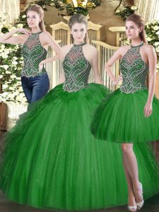Extravagant Dark Green Sleeveless Floor Length Beading and Ruffles Lace Up Quinceanera Dress