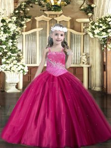 Fuchsia Tulle Lace Up Pageant Dresses Sleeveless Floor Length Beading
