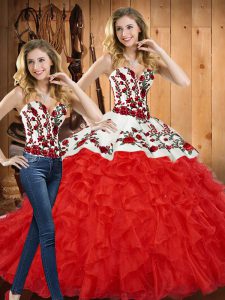 Red Sweetheart Lace Up Embroidery and Ruffles Quinceanera Gowns Sleeveless