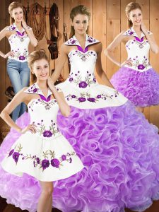 Shining Lilac Ball Gowns Halter Top Sleeveless Fabric With Rolling Flowers Floor Length Lace Up Embroidery Vestidos de Quinceanera