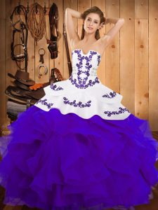 Sleeveless Satin and Organza Floor Length Lace Up Sweet 16 Dress in White And Purple with Embroidery and Ruffles