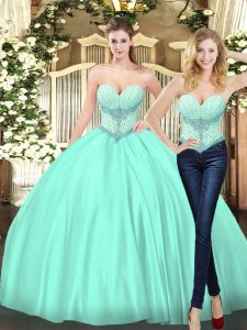 Suitable Floor Length Lace Up 15th Birthday Dress Apple Green for Military Ball and Sweet 16 and Quinceanera with Beading