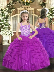 Purple Straps Lace Up Beading and Ruffles Winning Pageant Gowns Sleeveless