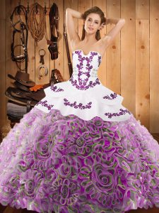 Noble Multi-color Strapless Lace Up Embroidery Quinceanera Dress Sweep Train Sleeveless