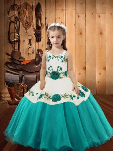 Aqua Blue Lace Up Little Girl Pageant Dress Embroidery Sleeveless Floor Length