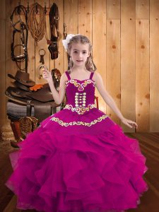 Cute Fuchsia Little Girls Pageant Dress Party and Sweet 16 and Quinceanera and Wedding Party with Embroidery and Ruffles Straps Sleeveless Lace Up