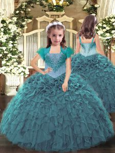 Fancy Teal Straps Neckline Beading and Ruffles Pageant Dress for Girls Sleeveless Lace Up