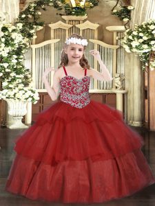 Amazing Wine Red Ball Gowns Organza Straps Sleeveless Beading and Ruffled Layers Floor Length Lace Up Girls Pageant Dresses
