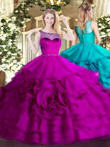 Shining Fuchsia Zipper Scoop Beading and Ruffled Layers Quince Ball Gowns Organza Sleeveless