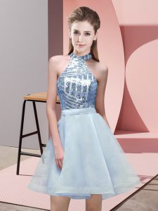 Modern Light Blue Halter Top Backless Sequins Dama Dress for Quinceanera Sleeveless