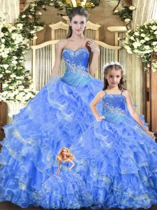 Sleeveless Tulle Floor Length Lace Up Vestidos de Quinceanera in Baby Blue with Beading and Ruffles and Ruching