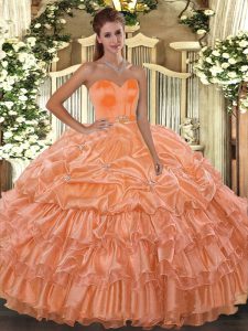 Floor Length Orange Vestidos de Quinceanera Organza Sleeveless Beading and Ruffled Layers