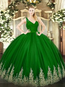 Dramatic Green Tulle Backless Vestidos de Quinceanera Sleeveless Floor Length Beading and Lace and Appliques