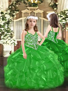 High End Floor Length Green Pageant Dress Wholesale Organza Sleeveless Beading and Ruffles