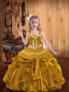 Adorable Floor Length Gold Little Girl Pageant Dress Organza Sleeveless Embroidery and Ruffles