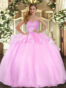 Pink Organza Lace Up Sweet 16 Dress Sleeveless Floor Length Beading and Ruffles