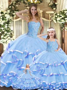 Lavender Ball Gowns Sweetheart Sleeveless Organza Floor Length Lace Up Beading and Ruffled Layers Sweet 16 Dress