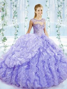 Lavender Lace Up Ball Gown Prom Dress Beading and Ruffles and Pick Ups Sleeveless Brush Train