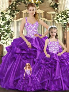 New Arrival Purple Organza Lace Up Quinceanera Dress Sleeveless Floor Length Beading and Ruffles