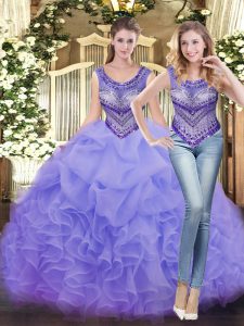 Sleeveless Tulle Floor Length Lace Up Quinceanera Dress in Lavender with Beading and Ruffles