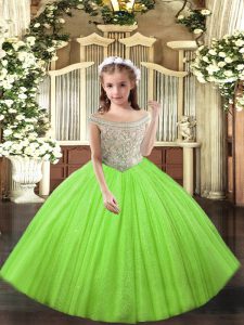 New Arrival Sleeveless Tulle Floor Length Lace Up Child Pageant Dress in Yellow Green with Beading and Ruffles