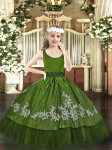 Olive Green Ball Gowns Scoop Sleeveless Taffeta Floor Length Zipper Beading and Appliques Little Girl Pageant Gowns