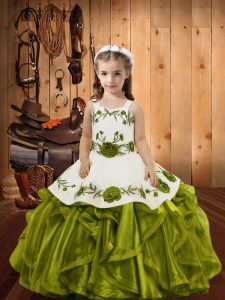 Olive Green Straps Neckline Embroidery and Ruffles Girls Pageant Dresses Sleeveless Lace Up