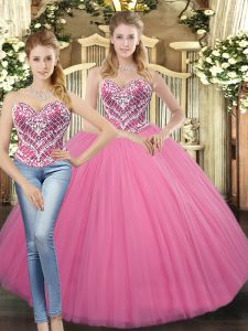 Custom Fit Floor Length Rose Pink Quinceanera Gowns Tulle Sleeveless Beading