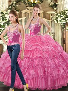 Custom Fit Hot Pink Sweet 16 Dresses Military Ball and Sweet 16 and Quinceanera with Beading and Ruffles and Pick Ups Straps Sleeveless Lace Up