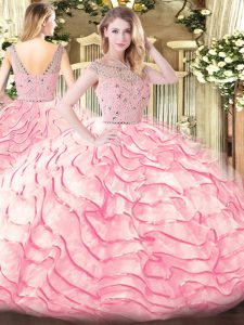 Noble Beading and Ruffled Layers Sweet 16 Quinceanera Dress Baby Pink Zipper Sleeveless Sweep Train