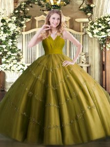 Olive Green Ball Gowns Tulle V-neck Sleeveless Beading Floor Length Zipper 15th Birthday Dress