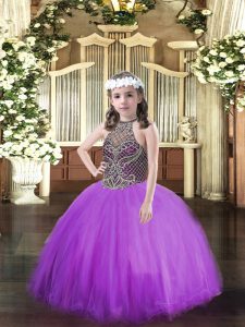 Eggplant Purple Sleeveless Floor Length Beading Lace Up Winning Pageant Gowns