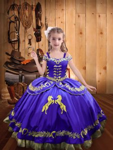 Purple Sleeveless Floor Length Beading and Embroidery Lace Up Girls Pageant Dresses