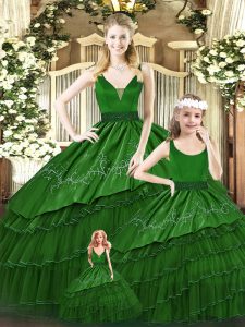 Cute Organza V-neck Sleeveless Lace Up Beading and Embroidery and Ruffled Layers Sweet 16 Dresses in Green