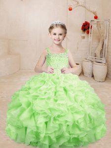 Custom Made Yellow Green Lace Up Little Girls Pageant Dress Wholesale Beading and Ruffles Sleeveless Floor Length